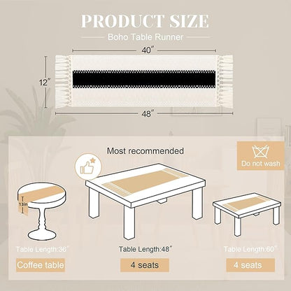FEXIA Boho Table Runner for Home Decor with Tassels 48 Inches Long,Black Farmhouse Rustic Table Runner Macrame Burlap Table Decoration for Living Room Bridal Shower(12x48 Inches)