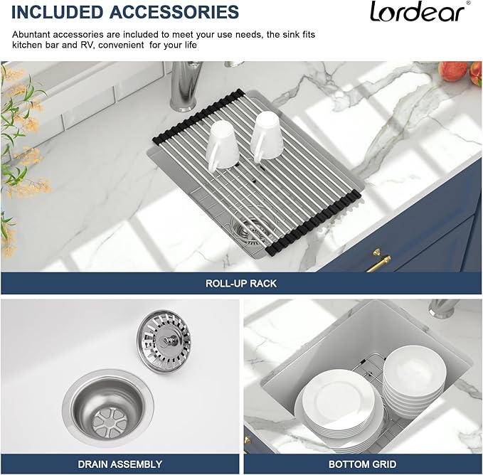 Lordear Granite Composite White Bar Sink 15 x 18 Inch Undermount Kitchen RV Sinks Small Quartz Bar Sink