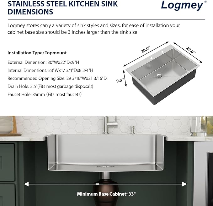 30x22 Drop in Kitchen Sink 30 Inch Stainless Steel Sinks 16 Guage 304 Single Bowl 9'' Deep Sinks with Drain Assembly LMT30229