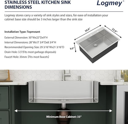 30x22 Drop in Kitchen Sink 30 Inch Stainless Steel Sinks 16 Guage 304 Single Bowl 9'' Deep Sinks with Drain Assembly LMT30229