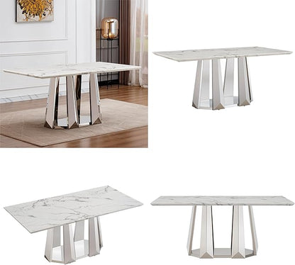 70" Marble Dining Table for 6-8, Modern Luxury Silver Rectangular Large Kitchen Table, Marble Grain MDF Tabletop & Stainless Steel Base, Dinner Furniture for Kitchen Dining Room, Meeting Room, White
