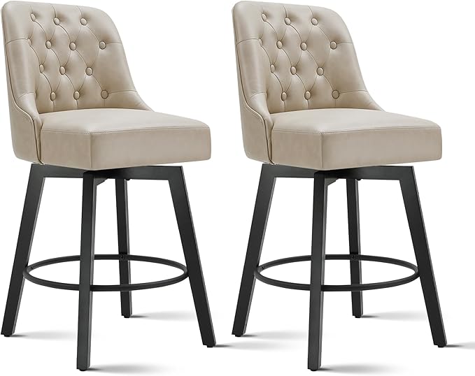 KISLOT Swivel Counter Height Bar Stools Set of 2, 26" Upholstered Faux Leather Barstools with Back,Thick Seat and Square Solid Wood Legs for Kitchen Island Home Bar, Beige