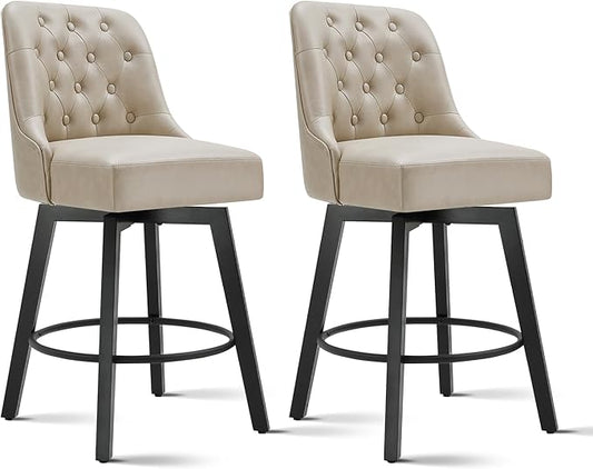 KISLOT Swivel Counter Height Bar Stools Set of 2, 26" Upholstered Faux Leather Barstools with Back,Thick Seat and Square Solid Wood Legs for Kitchen Island Home Bar, Beige