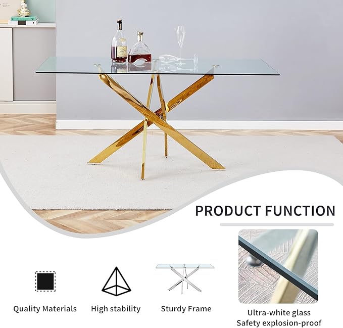 51-Inch Glass Dining Room Table for 4-6 People, Modern Rectangular Kitchen Dining Table with Gold Cross-Shape Stainless Steel Legs for Apartment Kitchen Dining Room