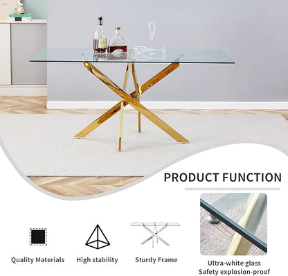 51-Inch Glass Dining Room Table for 4-6 People, Modern Rectangular Kitchen Dining Table with Gold Cross-Shape Stainless Steel Legs for Apartment Kitchen Dining Room