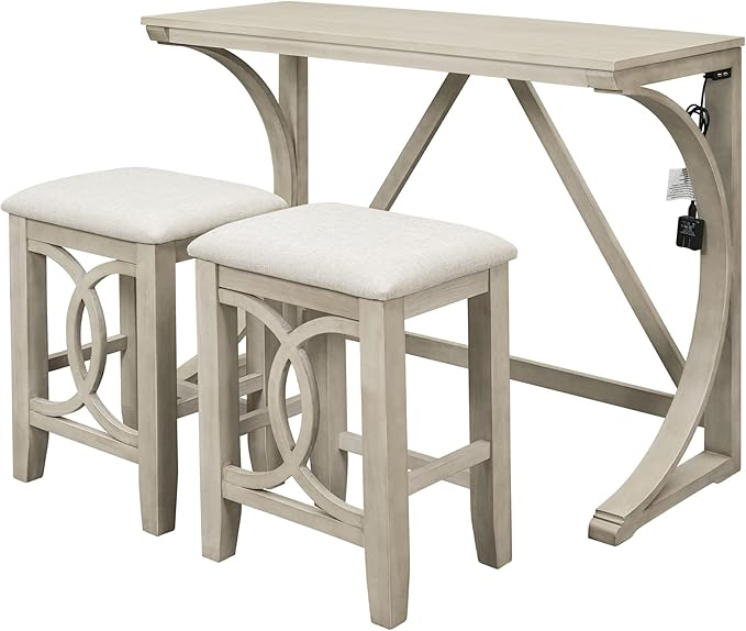Merax Farmhouse 3-Piece Counter Height Dining Table Set with USB Port and 2 Upholstered Stools, Cream