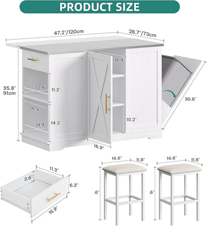 YITAHOME Kitchen Islands with Seating, 47" Mobile Storage Island with Trash Can, Rolling Kitchen Island Cart with Drop Leaf & Stainless Steel Countertop, Bar Table with 2 Stools, Spice Rack, White