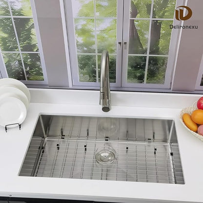 33x19 Undermount Kitchen Sink, Delironexu 33 Inch Undermount Kitchen Sink, 16 Gauge 304 Stainless Steel Single Bowl Kitchen Sink, Large 33x19 Kitchen Sink with Accessories