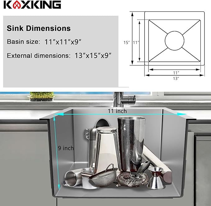 13x15x9 Inch Black Bar Sink Drop In - 18 Gauge Stainless Steel Small Kitchen Sink for RV, Wet Bar, Food Truck & Tiny Home, Nano PVD Gunmetal Matte Black Single Bowl with Strainer