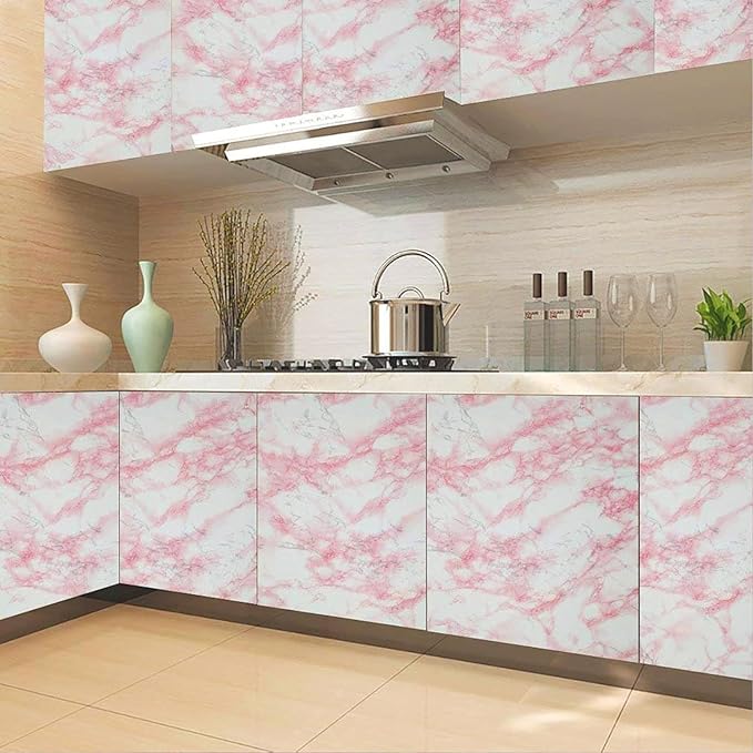practicalWs 15.7in x 472.4in White/Pink Marble Stick Paper Peel and Stick Countertops Self-Adhesive Vinyl Watertight Wallpaper Great As Cabinets Drawer Shelf Wall Crafts Wall Paper Decorations
