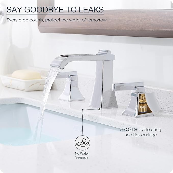 Chrome Bathroom Faucet 3 Hole, Brass Waterfall 8 Inch Widespread Bathroom Sink Faucet with Pop-up Drain, Pre-Installed Supply Hoses, 2 Handles for Vanity, Lavatory, Modern Hollowed Spout