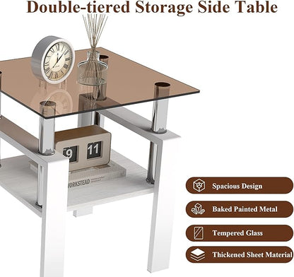 Set of 2 Glass End Table, 2-Layer Glass Living Room Table, Modern Tea Table Side Tables for Home Office Furniture