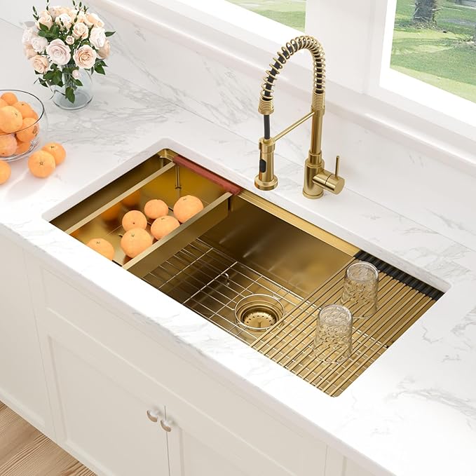 Sarlai 36 Gold Undermount Kitchen Sink Workstation - 36x19 Inch Kitchen Sinks with Ledge NANO-Tech Gold Sink Round Corner 16 Gauge Stainless Steel Single Bowl Sink Basin