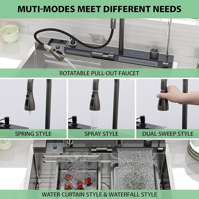 36 Inch Waterfall Kitchen Sink - Beslend 36x19 Drop In Waterfall Sink Stainless Steel Workstation Modern Smart Sinks 16 Gauge Single Bowl with Faucet Combo, Digital Display and Fancy Ambient Light BSL
