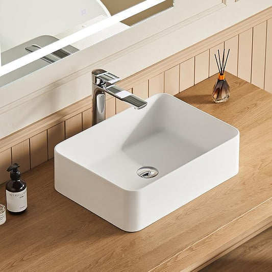 Cpingao 16" x 13" Bathroom Vessel Sink, Rectangle Basin Above Counter White Stone Resin Small Vanity Sink Washing Art Sinks With Pop-up Drain