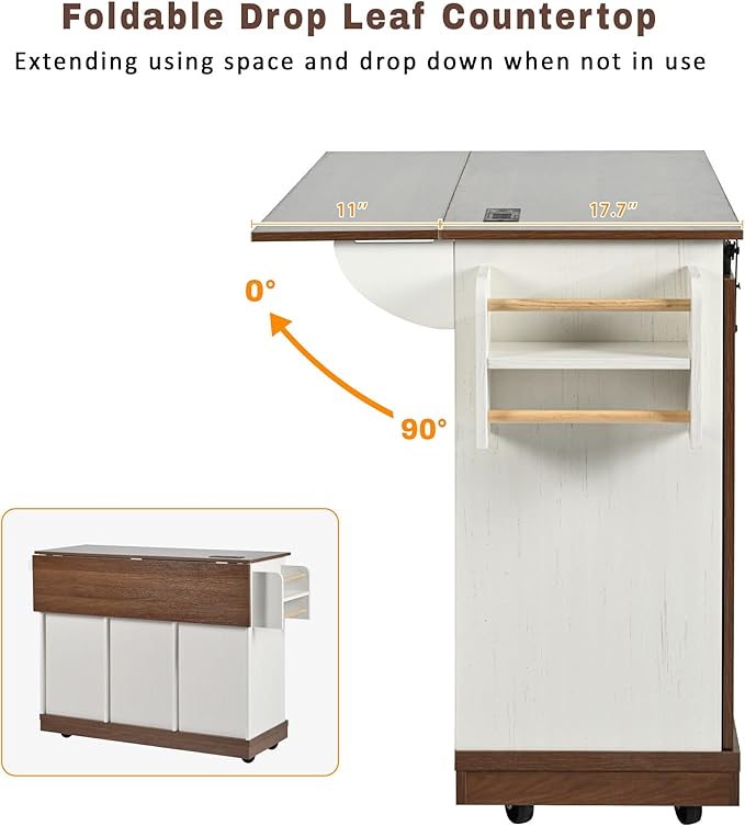 Ball & Cast Farmhouse Kitchen Island with Drop Leaf & Barn Door,Rolling Kitchen Cart on Wheels with Power Outlet,3 Large Drawers,Adjustable Shelf & Spice Rack,for Home,Kitchen,Dining Room,White,56"