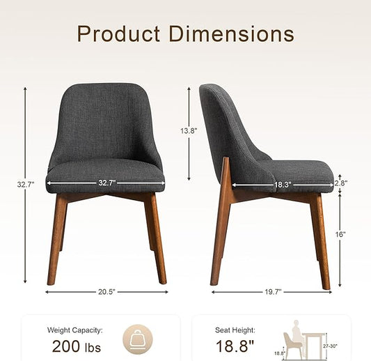 Casaphoria Set of 2 Upholstered Dining Chairs, Dark Grey Fabric Kitchen Chairs with Walnut Wood Legs, Modern Accent Chairs for Dining Room, Living Room or Kitchen