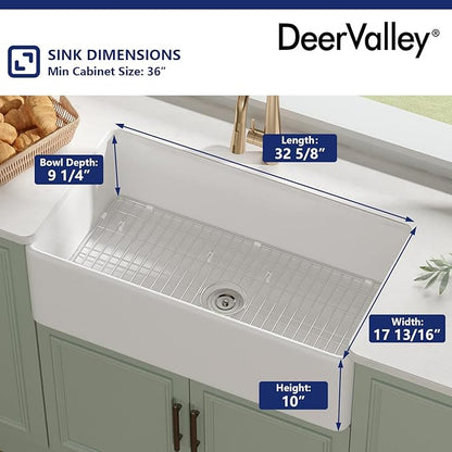 DeerValley Farmhouse Kitchen Sink 33 Inch, Fireclay White Undermount Kitchen Sink, Apron-Front, Large Deep Single Bowl with Bottom Grid & Strainer