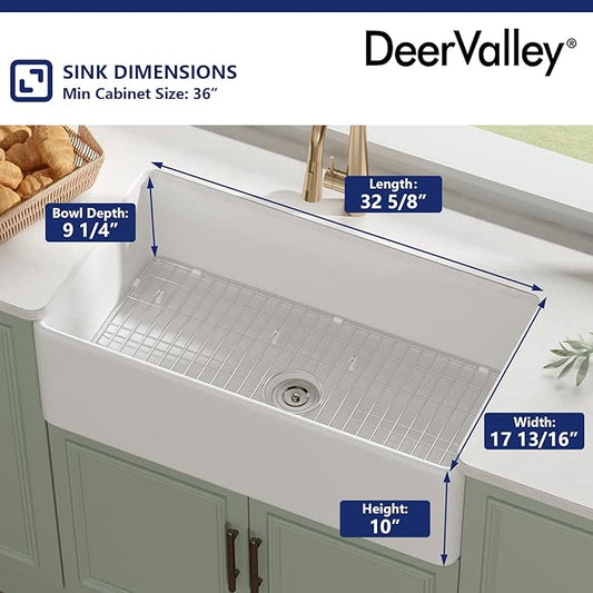 DeerValley Farmhouse Kitchen Sink 33 Inch, Fireclay White Undermount Kitchen Sink, Apron-Front, Large Deep Single Bowl with Bottom Grid & Strainer