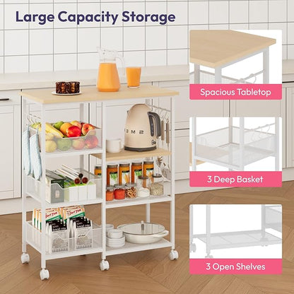 SWTYMIKI Kitchen Island Cart on Wheels - 28.35x14.57in Rolling Kitchen Table Cart with Storage Shelves, 6 Removable Hooks& Locking Casters, Coffee Bar Cabinet for Dining Room Pantry Office, White