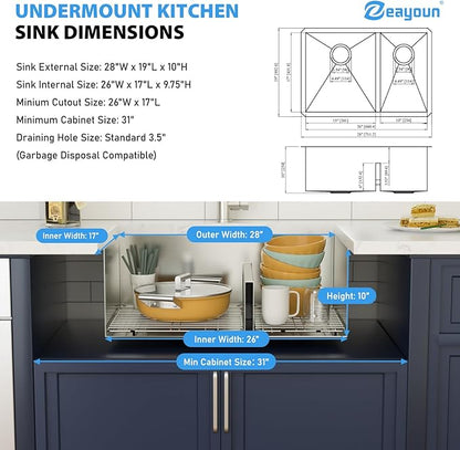 28 Inch Undermount Double Bowl Kitchen Sink 16 Gague 304 Stainless Steel Double Handmade Sinks 60/40 Large Deep Double Bowl Sinks 28"x19"x10"