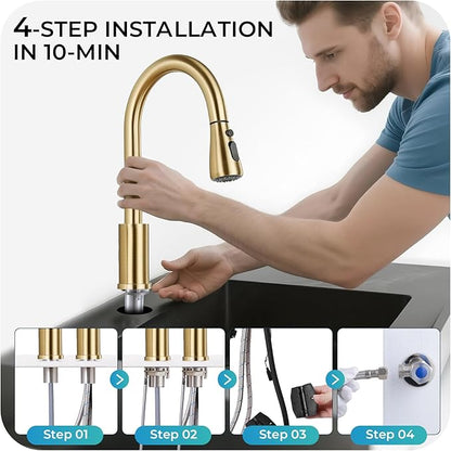 Pull Down Kitchen Faucet 2 Hole - Brushed Gold Single Handle Kitchen Faucets, High Arc Stainless Steel Pull Out Kitchen Sink Faucet for RV Laundry Farmhouse Bar