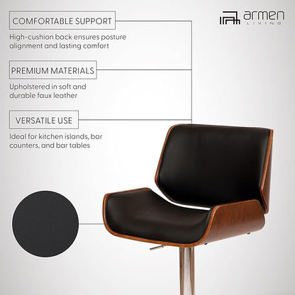 Armen Living London Modern Adjustable Height Swivel Black Faux Leather and Walnut Wood Bar Stool with Chrome Base for Kitchen Island Counter