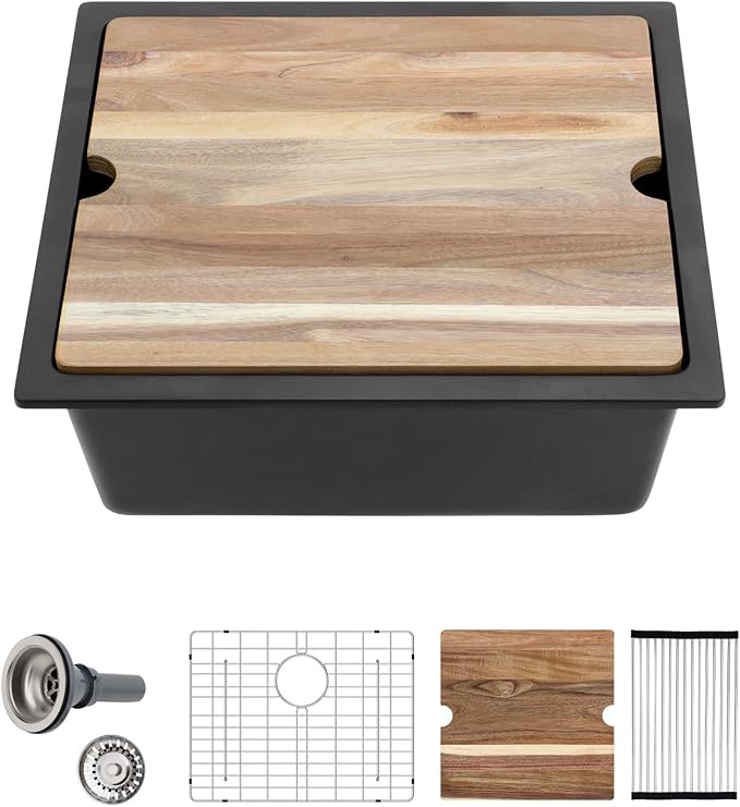 Sarlai 21 Black Kitchen Sink Granite Composite - 21 x 18 inch Bar Prep Workstation Sink Black Granite Composite Quartz Undermount Single Bowl Rectangular RV Camper Sinks Basin