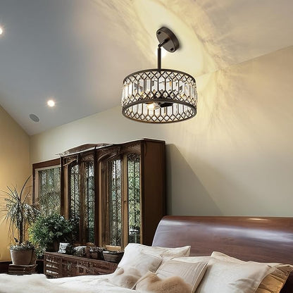 3-Light Crystal Ceiling Light, Black Semi Flush Mount Ceiling Lighting Fixture with Drum Shade, Dia 12" Lighting Fixtures for Hallway, Kitchen, Entryway, Bedroom, Laundry Room