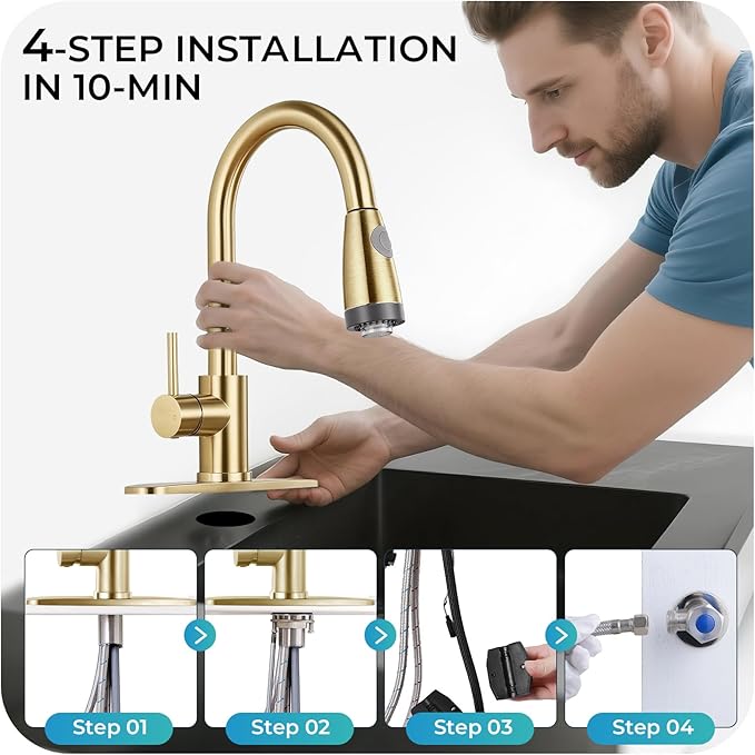 LED Kitchen Faucet with Pull Down Sprayer - Brushed Gold Single Handle Kitchen Faucets, High Arc Stainless Steel Pull Out Kitchen Sink Faucet with Deck for RV Laundry Farmhouse Bar