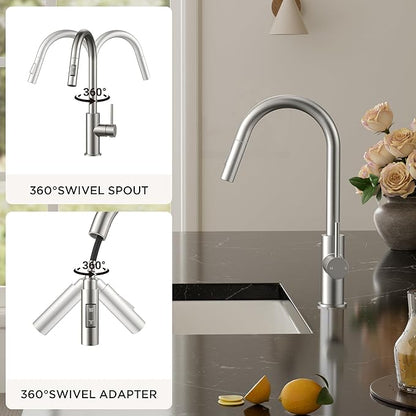 FORIOUS Brushed Nickel Kitchen Faucet with Pull Down Sprayer, Stainless Steel High Arc Gooseneck Modern Sink Faucet with CUPC Ceramic Cartridge, Single Handle and Deck Plate