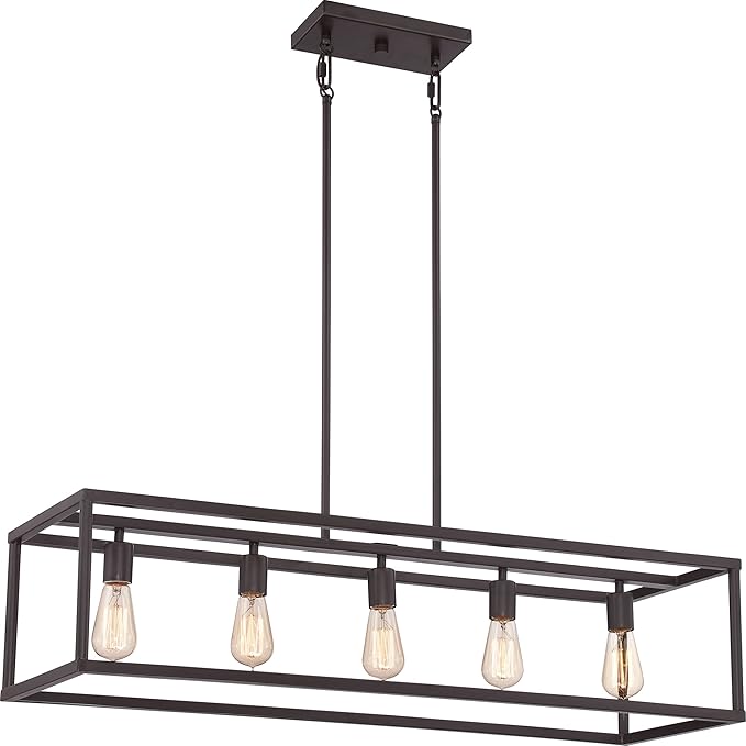 Quoizel New Harbor Linear Chandelier, 38 Inch 5-Light Western Bronze Open-Frame Pendant Lights, 100W, Max Adjustable Height 50", Island Chandelier for Kitchen, Over the Dining Table or Living Room