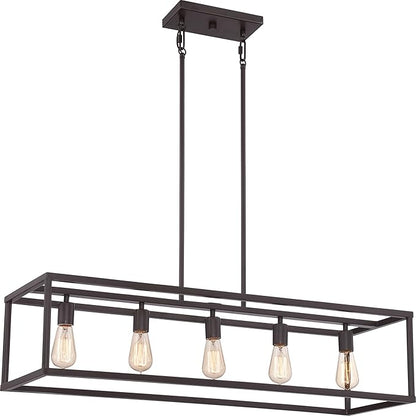 Quoizel New Harbor Linear Chandelier, 38 Inch 5-Light Western Bronze Open-Frame Pendant Lights, 100W, Max Adjustable Height 50", Island Chandelier for Kitchen, Over the Dining Table or Living Room