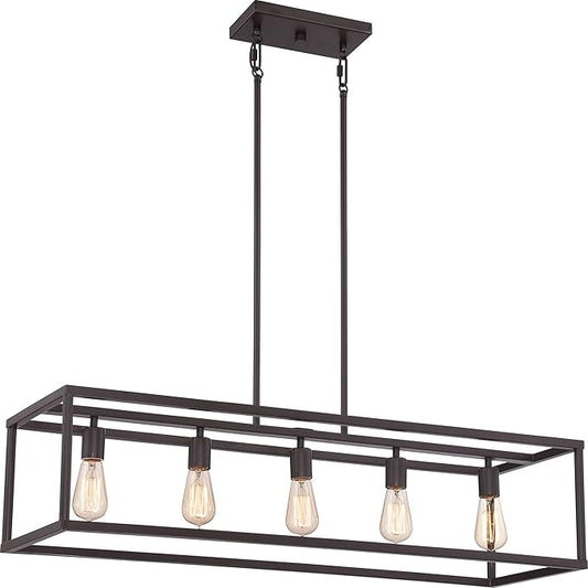 Quoizel New Harbor Linear Chandelier, 38 Inch 5-Light Western Bronze Open-Frame Pendant Lights, 100W, Max Adjustable Height 50", Island Chandelier for Kitchen, Over the Dining Table or Living Room