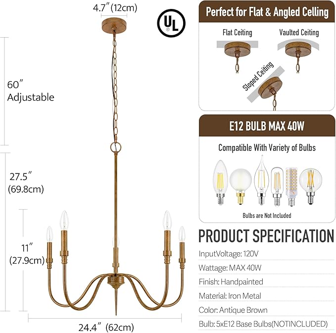 5-Light Farmhouse Chandelier Lighting Fixture, Linear Pendant Light for Kitchen Island, Dining & Living Room, Retro Bronze Finished