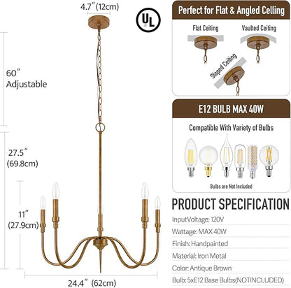 5-Light Farmhouse Chandelier Lighting Fixture, Linear Pendant Light for Kitchen Island, Dining & Living Room, Retro Bronze Finished