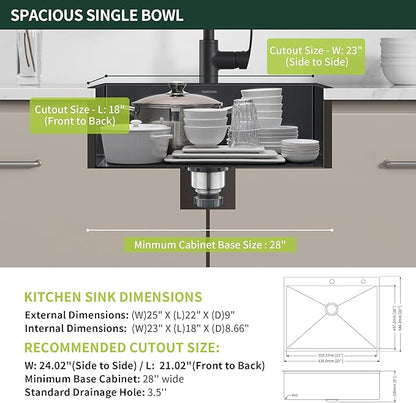 Drop-In Deep Laundry Sink 25 x 22 inch Black, SINKVINE Single Bowl Nano Stainless Steel Kitchen Sink for Outdoor and Indoor Top Mount, with Drain Strainer, Bottom Grid, Roll-up Drying Unit, Dark Gray