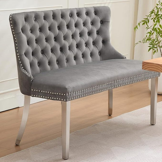 45.6in Upholstered Dining Bench, Mid-Century Modern Kitchen Room Bench with Tufted Back and Metal Legs, Velvet Small Sofa Couch Bench, Grey