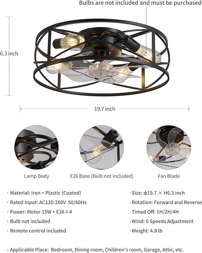 KDG 19.7″ Retro Low Profile LED Ceiling Fans with Light, Reversible Ceiling Fans Flush Mount with Remote and 6 Speeds, E26 Base Buld for Bedroom, Dinning Room, Kids Room, Kitchen