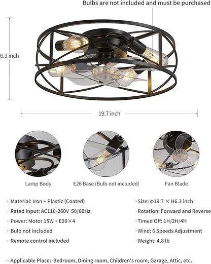 KDG 19.7″ Retro Low Profile LED Ceiling Fans with Light, Reversible Ceiling Fans Flush Mount with Remote and 6 Speeds, E26 Base Buld for Bedroom, Dinning Room, Kids Room, Kitchen
