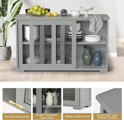 Sideboard Buffet Cabinet, Stackable Cupboard Storage Table with Adjustable Shelf & Glass Sliding Doors, Wooden Credenza Coffee Bar Cabinet for Kitchen/Dining Room/Living Room/Entryway (Grey)