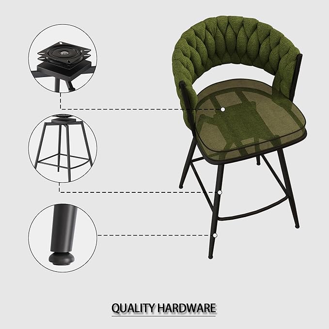 Modern Dining Chairs,Upholstered Linen Woven 360°Swivel Bar Island Chair & Black Footrest(Set of 2),Comfortable Curved Backrests Seat,Applicable to Kitchen,Living Room,Outdoor Lounge,Patio,Green