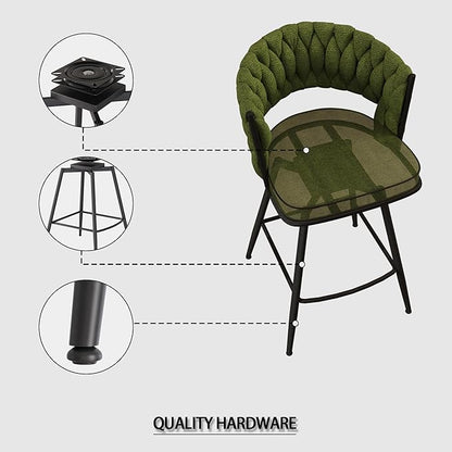 Modern Dining Chairs,Upholstered Linen Woven 360°Swivel Bar Island Chair & Black Footrest(Set of 2),Comfortable Curved Backrests Seat,Applicable to Kitchen,Living Room,Outdoor Lounge,Patio,Green