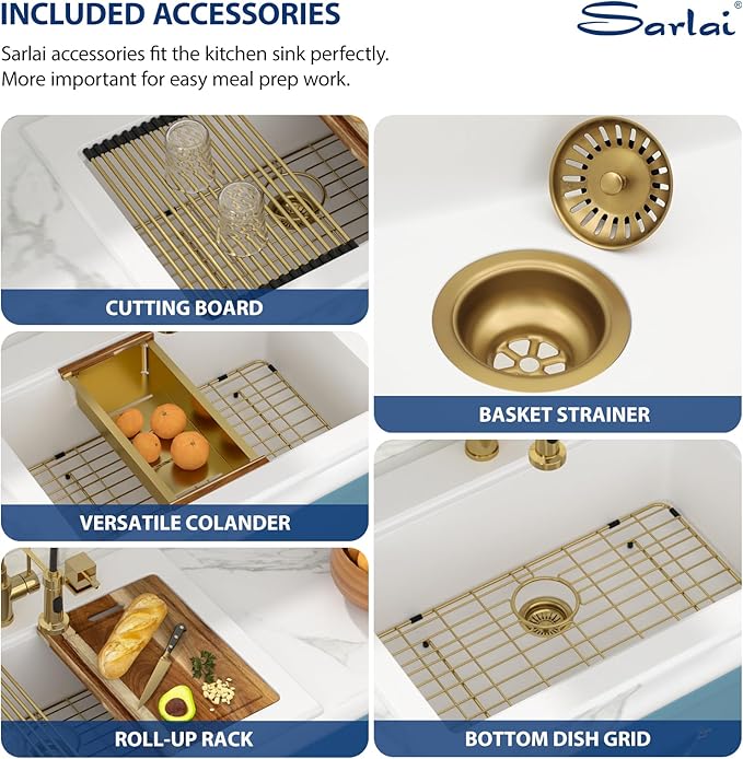 Sarlai 30 Granite Composite Kitchen Sink - 30"x22" Drop In Kitchen Sink Ledge Workstation White Granite Quartz Composite Top-Mount Single Bowl Sinks Basin with Gold Accessories