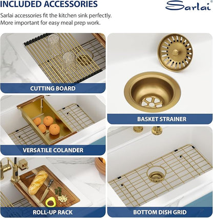 Sarlai 30 Granite Composite Kitchen Sink - 30"x22" Drop In Kitchen Sink Ledge Workstation White Granite Quartz Composite Top-Mount Single Bowl Sinks Basin with Gold Accessories