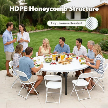 71" Folding Round Table, Plastic Dinner Table, Portable Folding Banquet Table for Living Room, Party or Outdoor Event, White