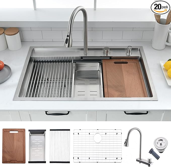 33 Inch Waterfall Drop In Kitchen Sink with Faucet Combo Workstation - VOKIM 33x22-Inch Drop In Sink Stainless Steel 16 Gauge Single Bowl Kitchen Sinks with Cutting Board