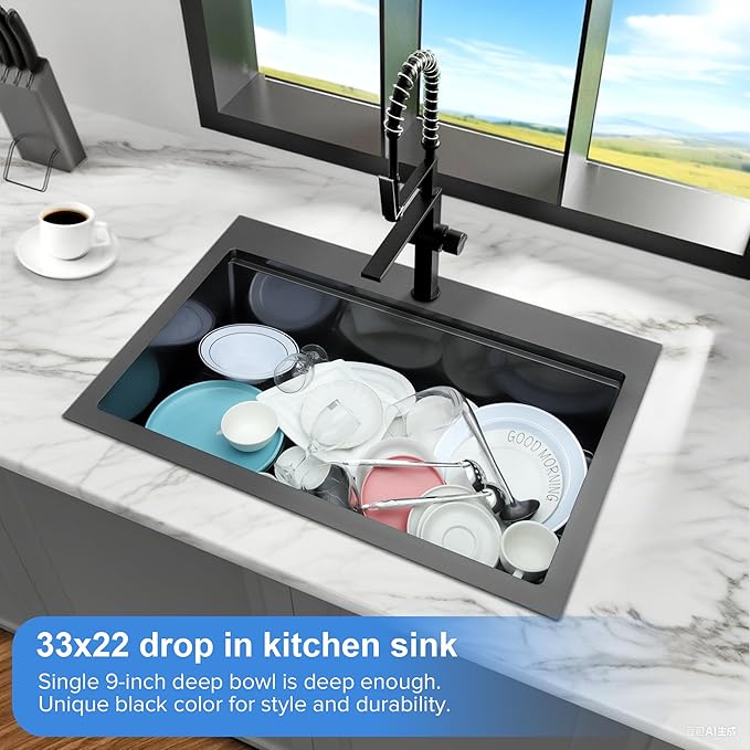Kitsitchen Black Drop In Kitchen Sink 33x22, 16 Gauge T-304S Stainless Steel Top-Mount Workstaion Sink, 33" x 22" x " Large and Deep Single Bowl Kitchen Sinks with Practical Accessories