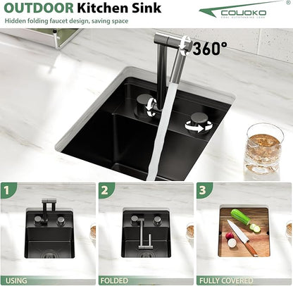 13x15 Outdoor Kitchen Sink Black Concealed Undermount RV Sink Gunmetal Black NANO PVD Stainless Steel Handmade Ledge Workstation Single Bowl Outdoor Sinks with Concealed Folding Faucet,13"x15"x9"