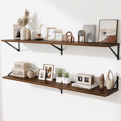Acovy Deep Floating Shelves,55" Wx10 D Wood Wall Shelves Set of 2,Long Wood Floating Shelf with Metal Brackets,Floating Bookshelf for Living Room,Kitchen,Office,Bedroom,Decor Storage,Walnut